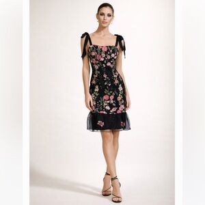 Lulu’s NWT Floral Embroidered Bow Tie Straps Black Pink Midi Dress XL
